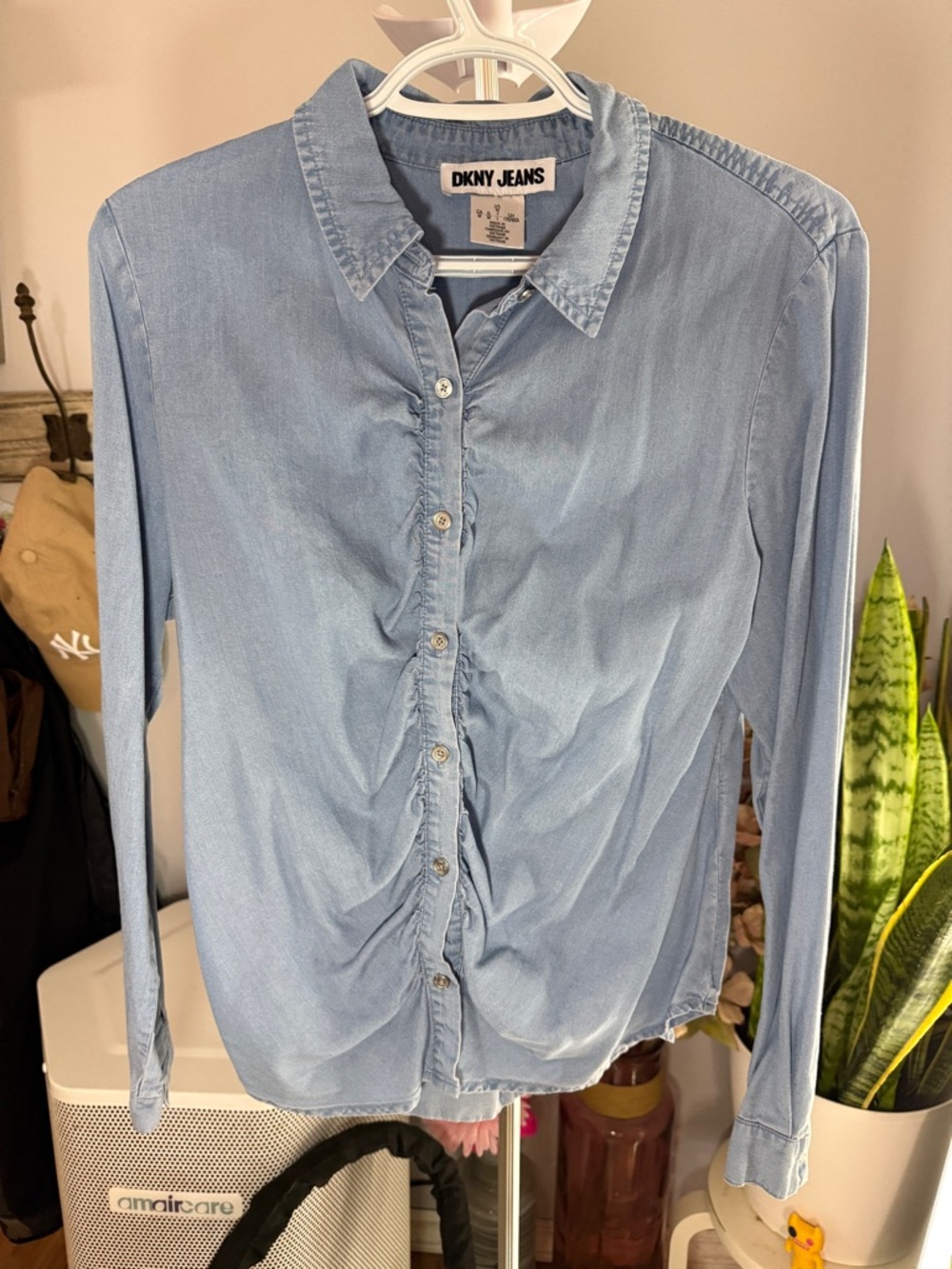 Dkny Light Blue Ruched Front Button-Down Shirt